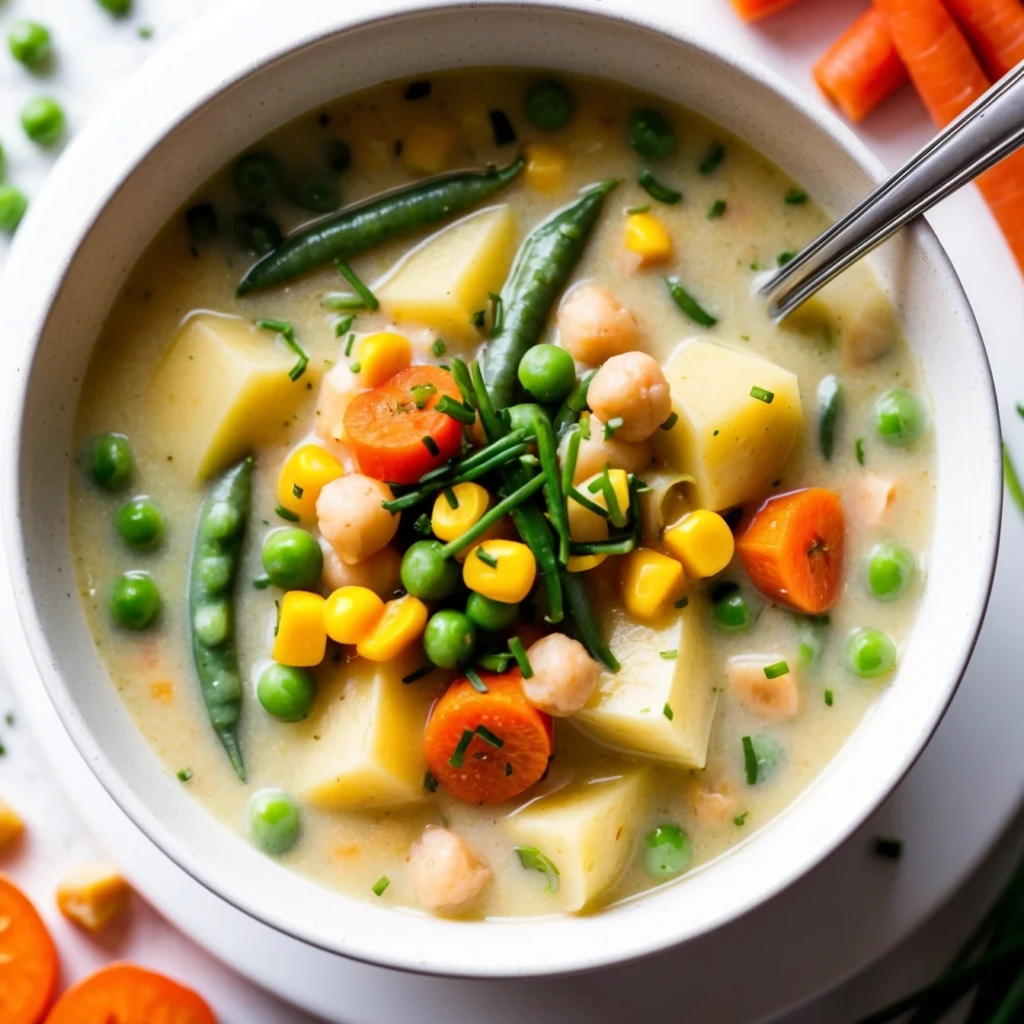 Close-up of a bowl of Rich Vegetable Chowder featuring carrots, potatoes, and broccoli in a creamy broth.