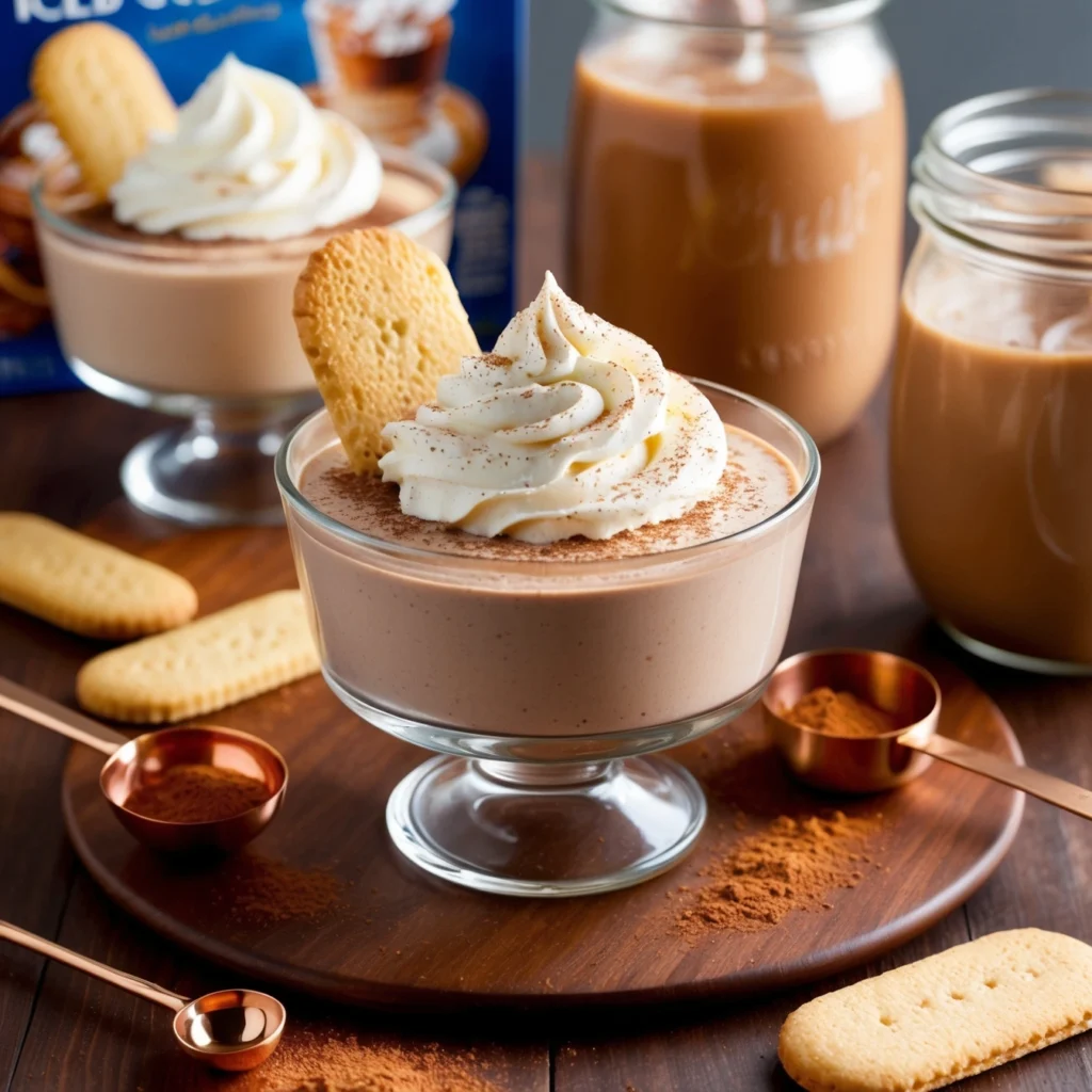 A bowl of creamy Tiramisu Dip garnished with cocoa powder and served with ladyfingers.