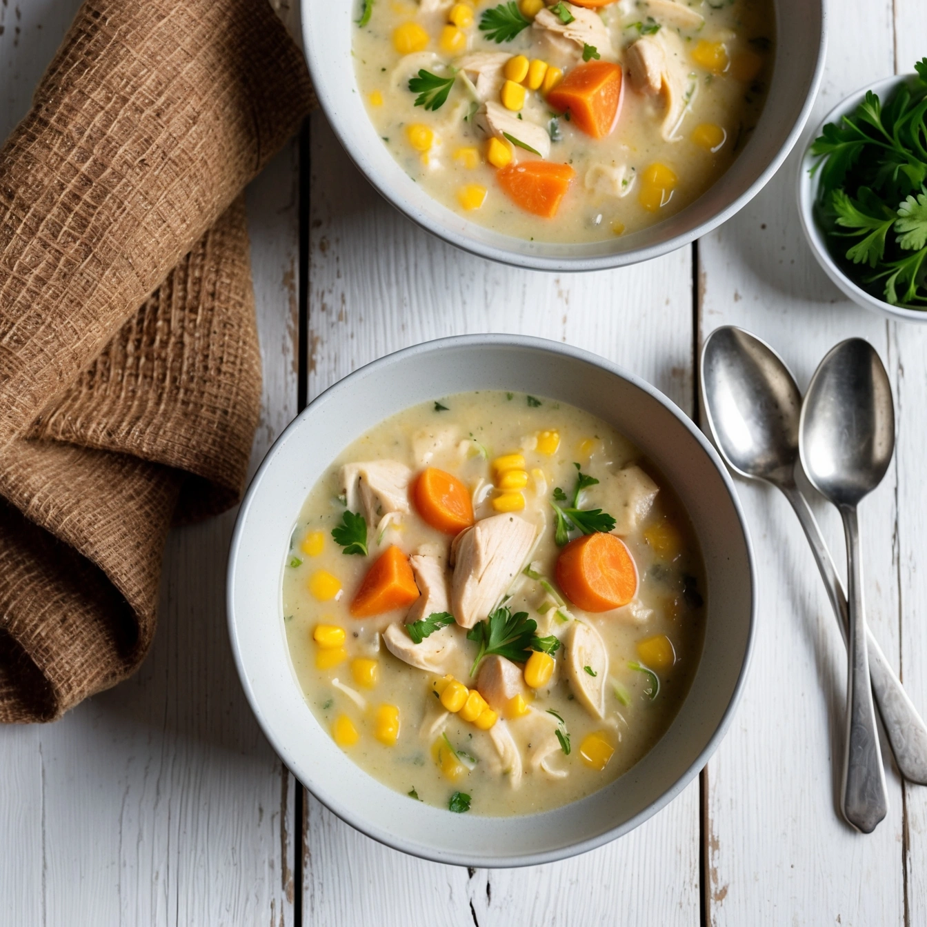 Close-up of Turkey Corn Chowder featuring corn, potatoes, and tender turkey in a rich broth.