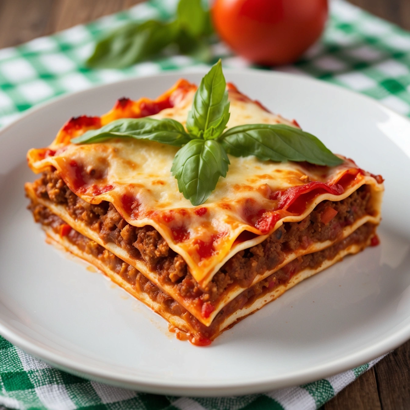 Layered lasagna showing rich meat sauce, pasta, and gooey mozzarella cheese.