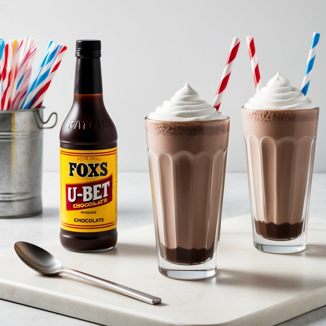 A frothy Classic Egg Cream in a tall glass with a chocolate syrup bottle beside it.