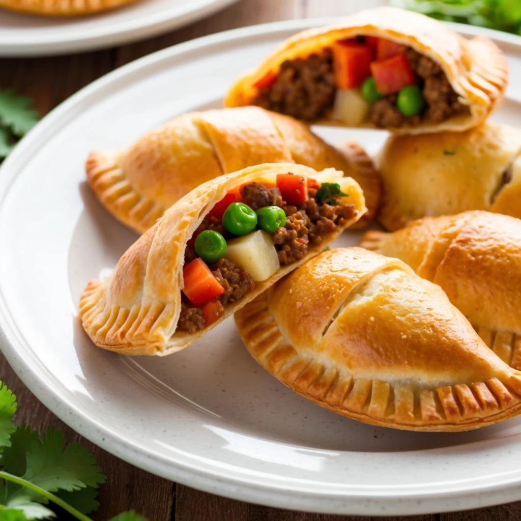 Close-up of fried empanadas served with a side of salsa and guacamole.