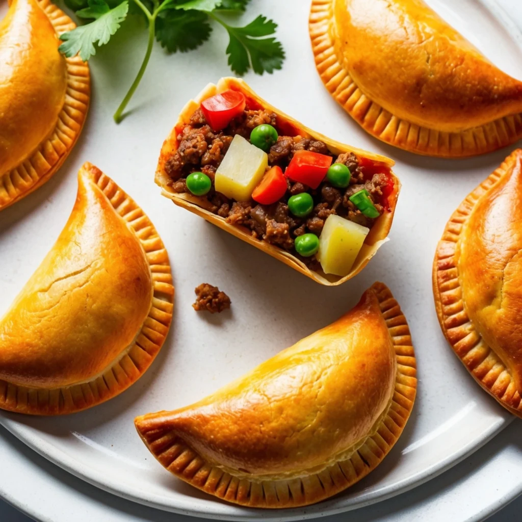 A bite-sized fried empanada showing its savory meat filling.