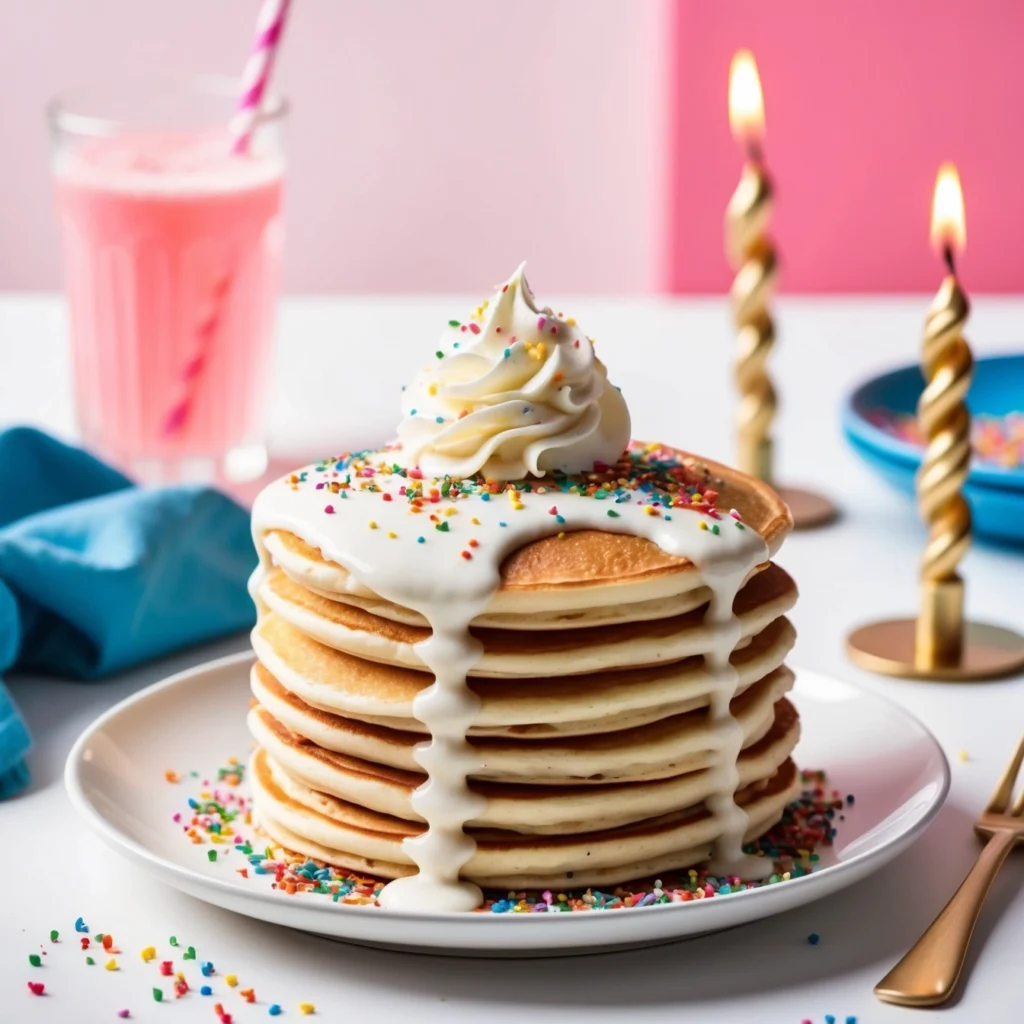 Stack of Funfetti pancakes topped with syrup and sprinkles on a plate.