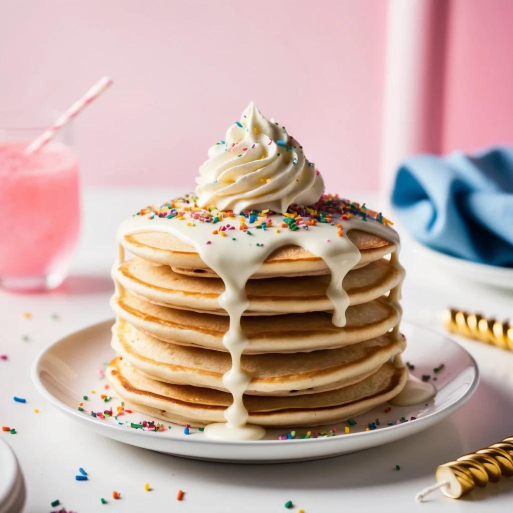 Funfetti pancakes on a white plate, topped with whipped cream and extra sprinkles.