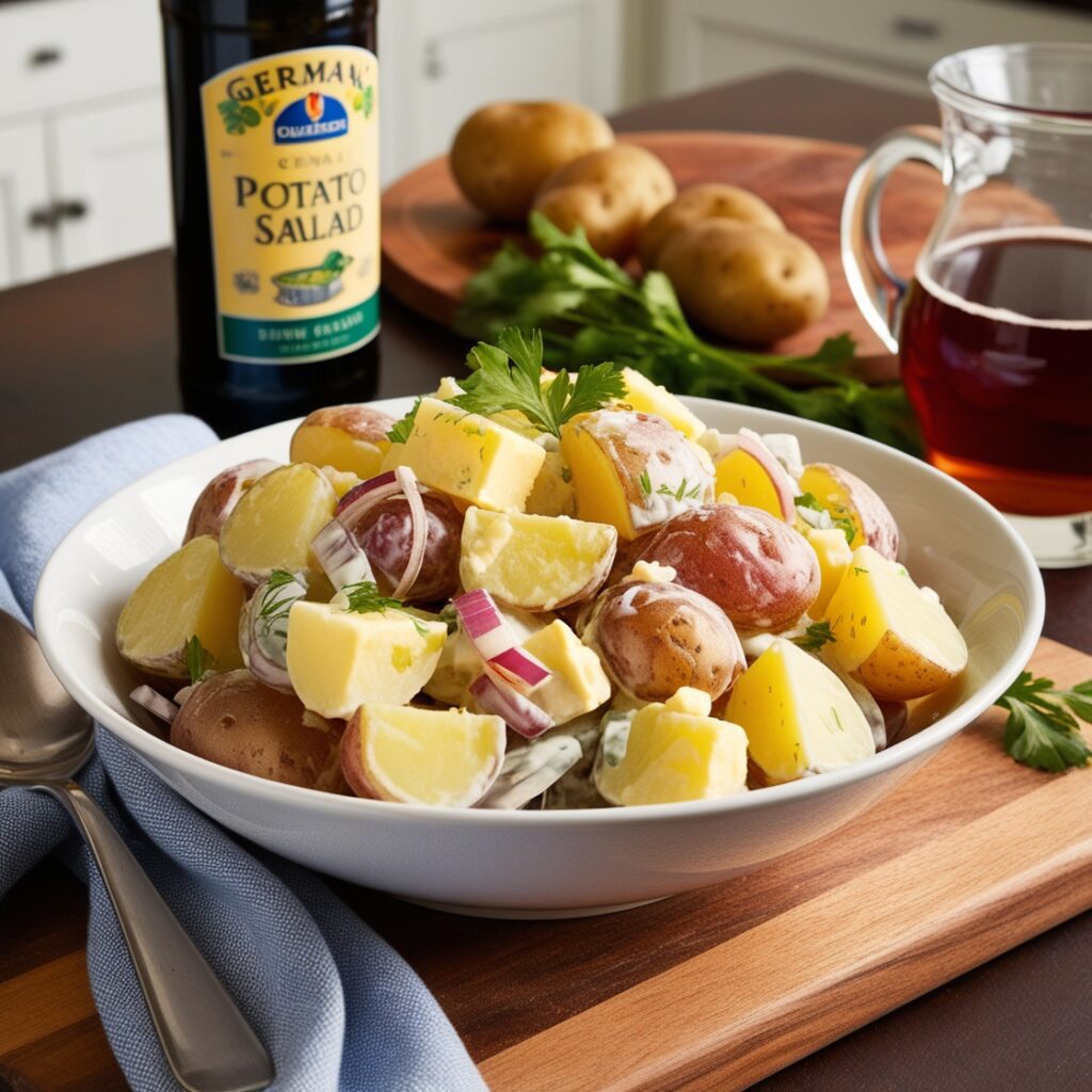 A bowl of German Potato Salad featuring sliced new potatoes, chives, and a creamy mustard dressing, garnished with bay leaves.