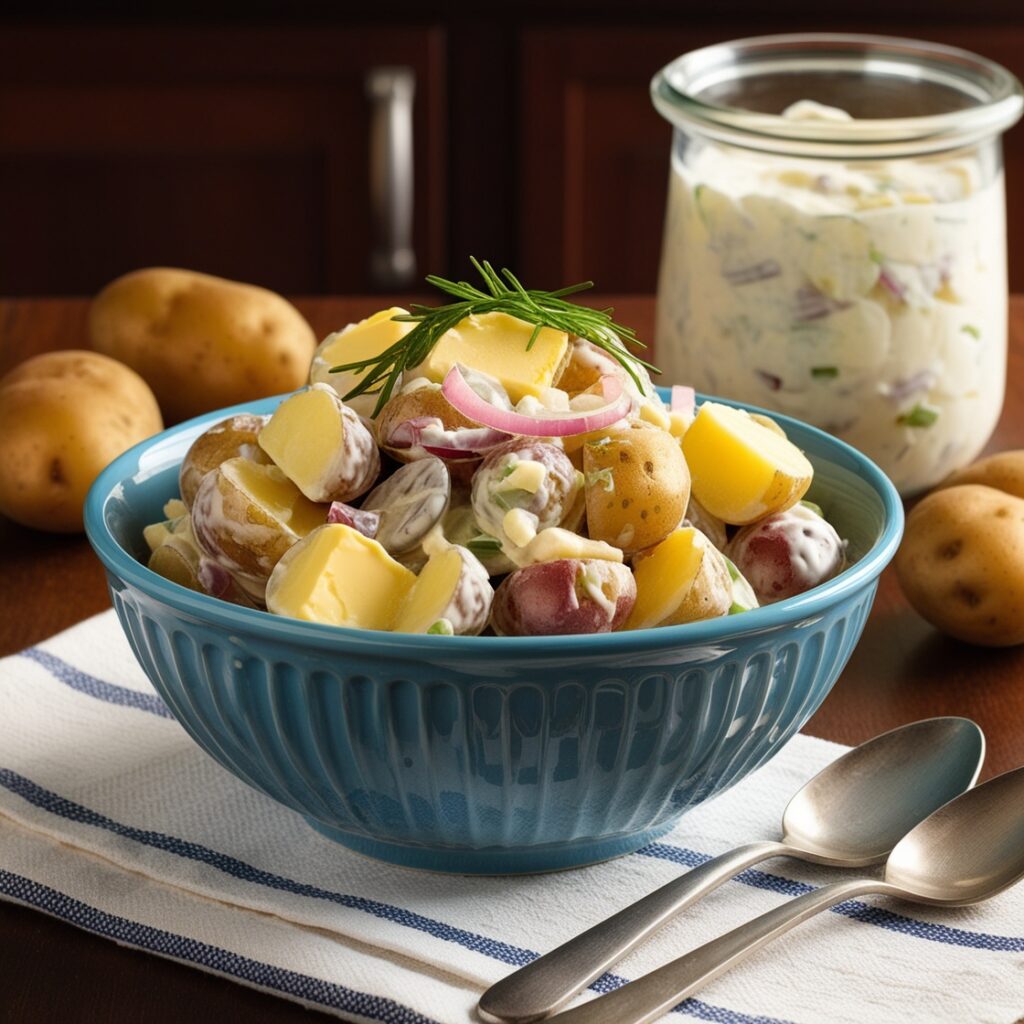 A vibrant bowl of German Potato Salad garnished with bay leaves, showcasing new potatoes, chives, and a creamy mustard dressing, perfect for any gathering.