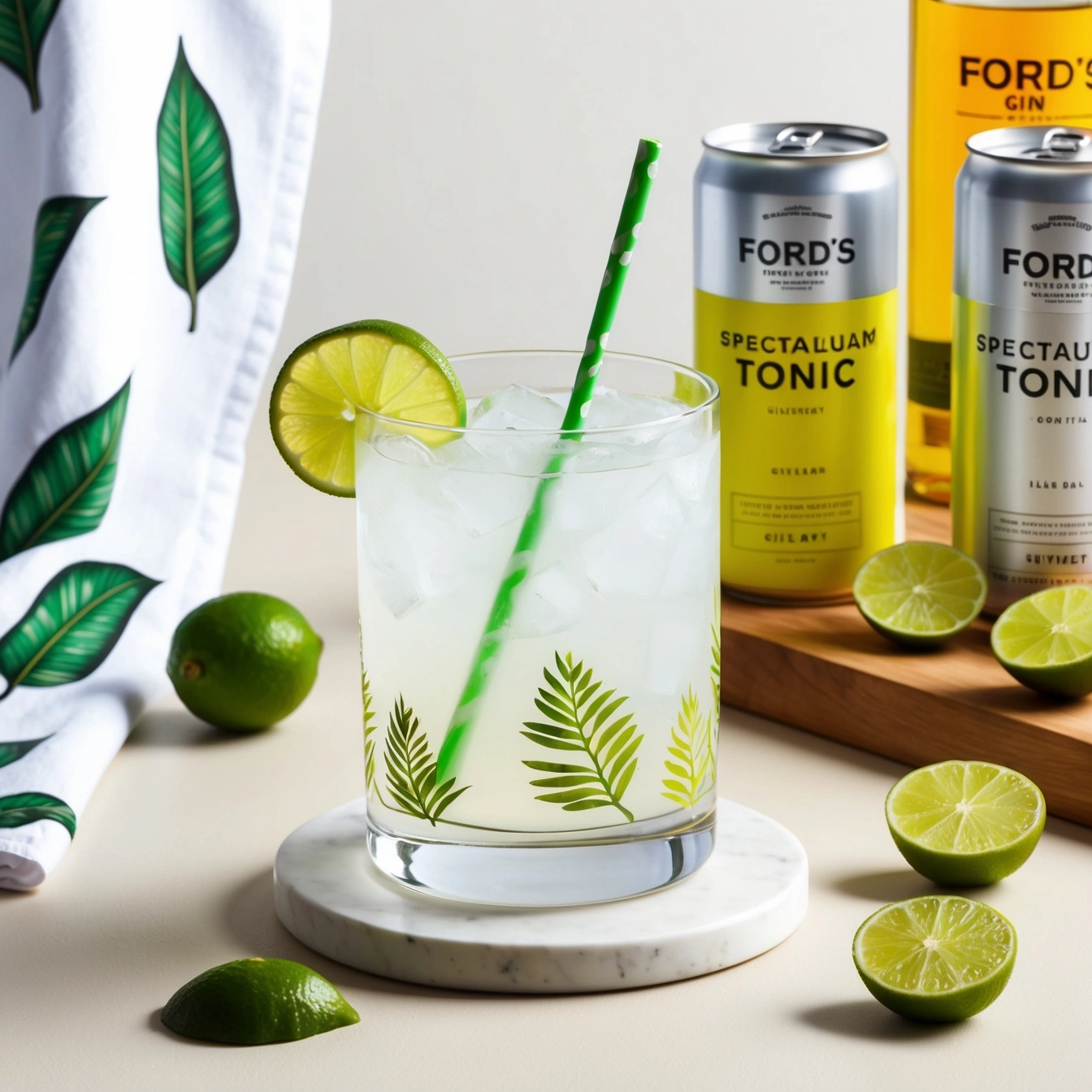 A refreshing Gin and Tonic with lime garnish served in a highball glass filled with ice.