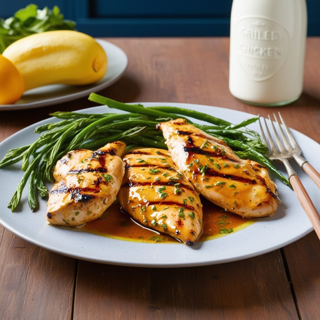 Juicy grilled chicken breast marinated in a zesty citrus and herb marinade, served with fresh vegetables.