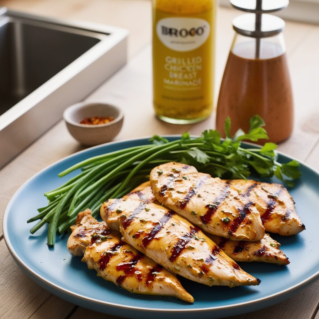 Juicy grilled chicken breast marinated in a flavorful herb and garlic sauce, served on a wooden board.