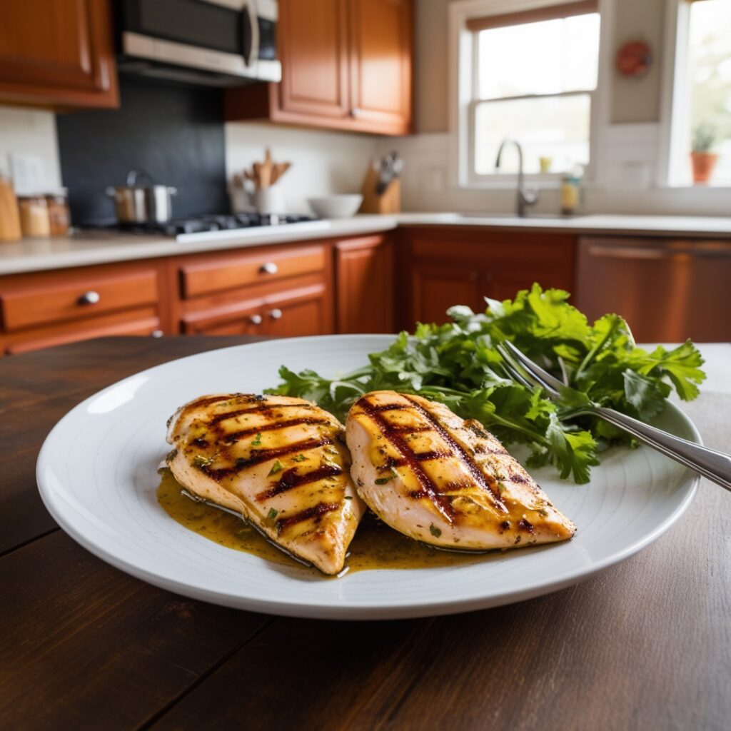 Perfectly grilled chicken breast with golden sear marks, drizzled with a garlic and lemon marinade.