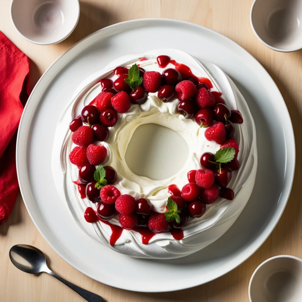 Holiday Berry Meringue Wreath with fresh berries and mint leaves.