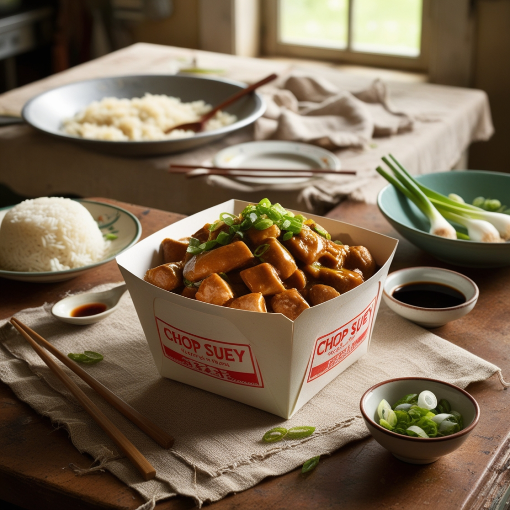 Colorful stir-fried chop suey with shrimp, vegetables, and a soy-based sauce, served with steamed rice.