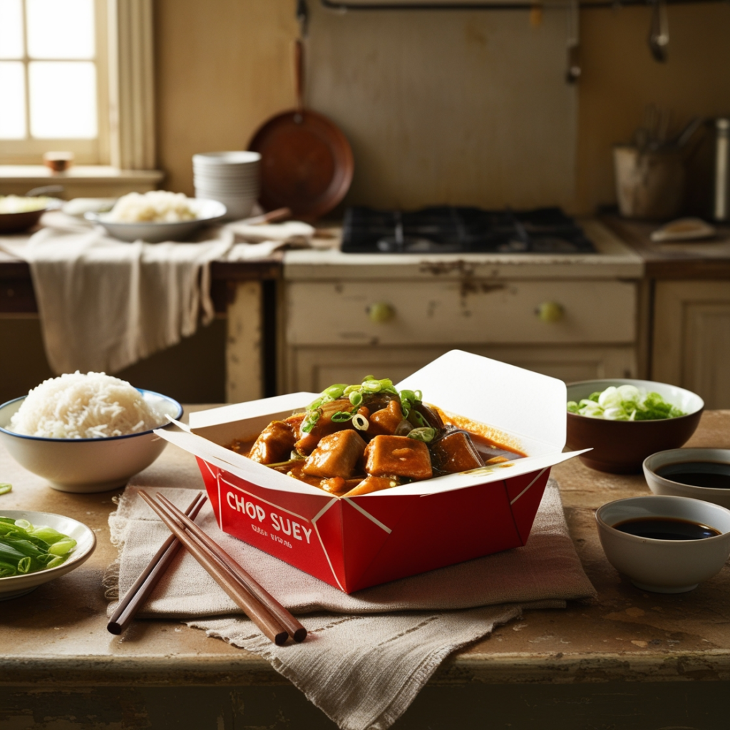 Vegetarian chop suey featuring tofu, mushrooms, and bell peppers, stir-fried in a savory sauce.