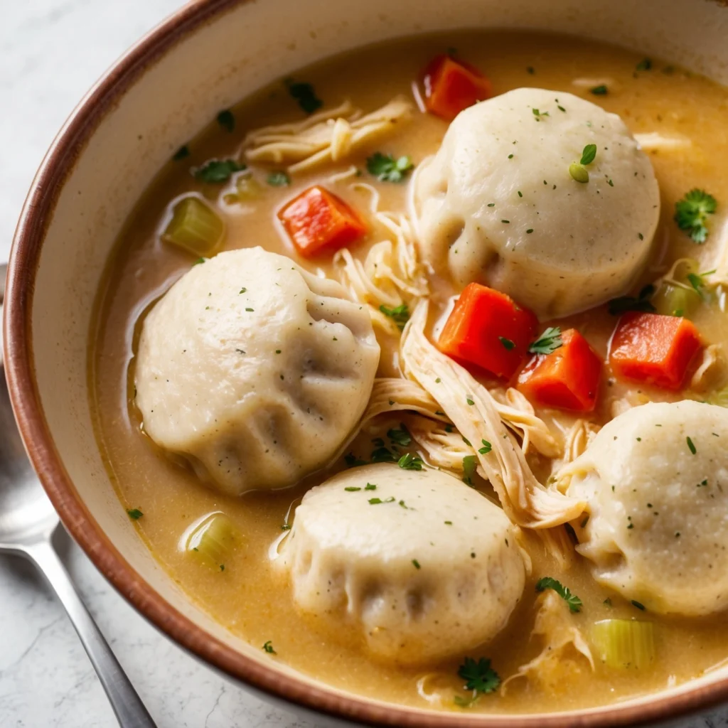 Fluffy homemade dumplings in a broth.