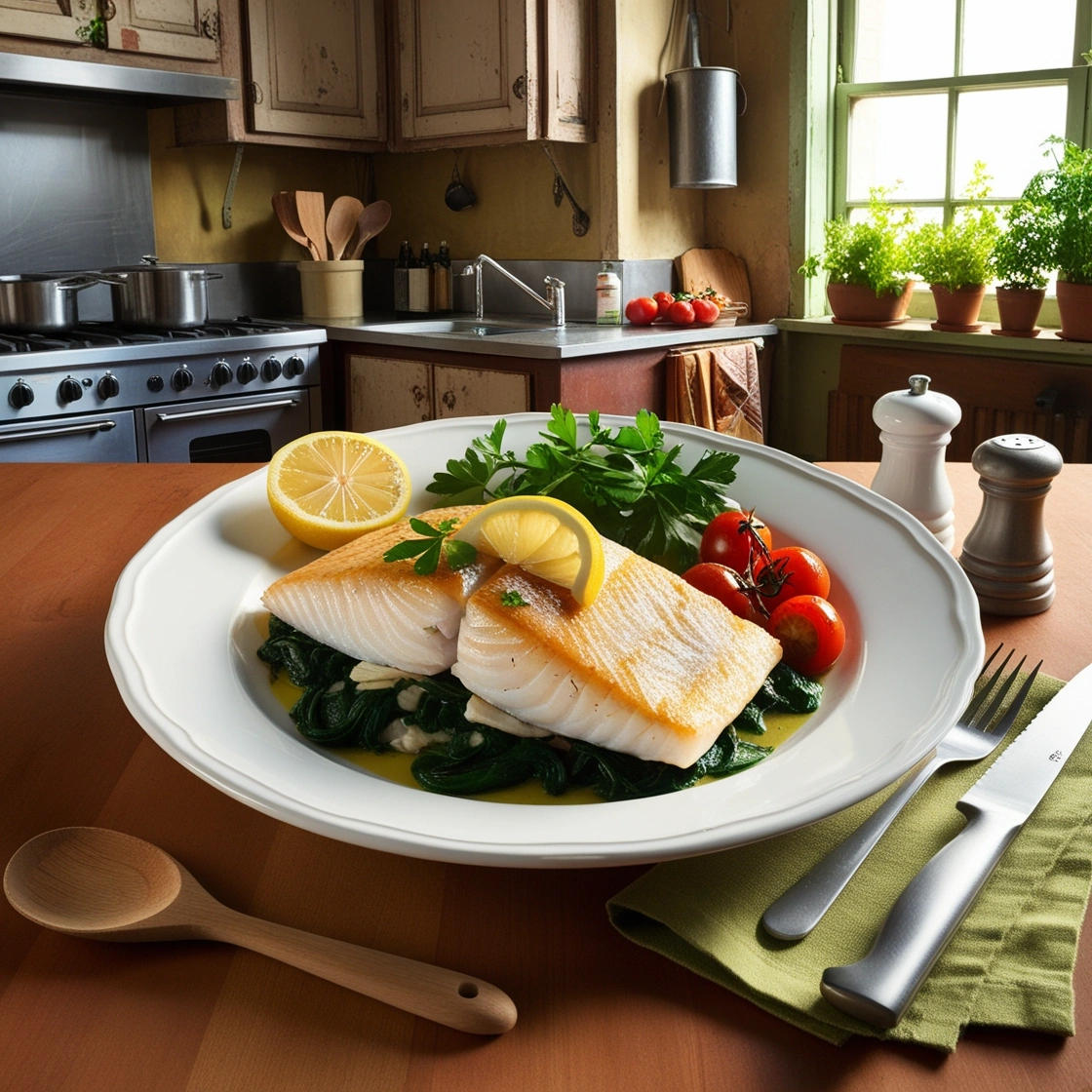 Pan-seared Mahi Mahi fillets with lemon slices and fresh herbs on a plate.