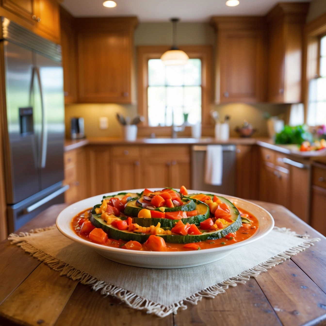 Homemade ratatouille with layers of sliced vegetables in a ceramic dish.