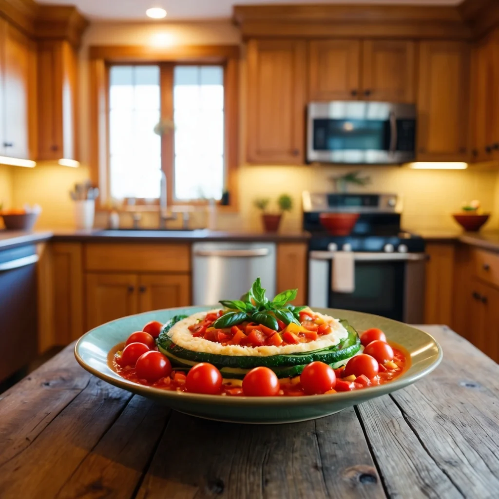 Close-up of ratatouille with fresh herbs and olive oil drizzle in a baking dish.