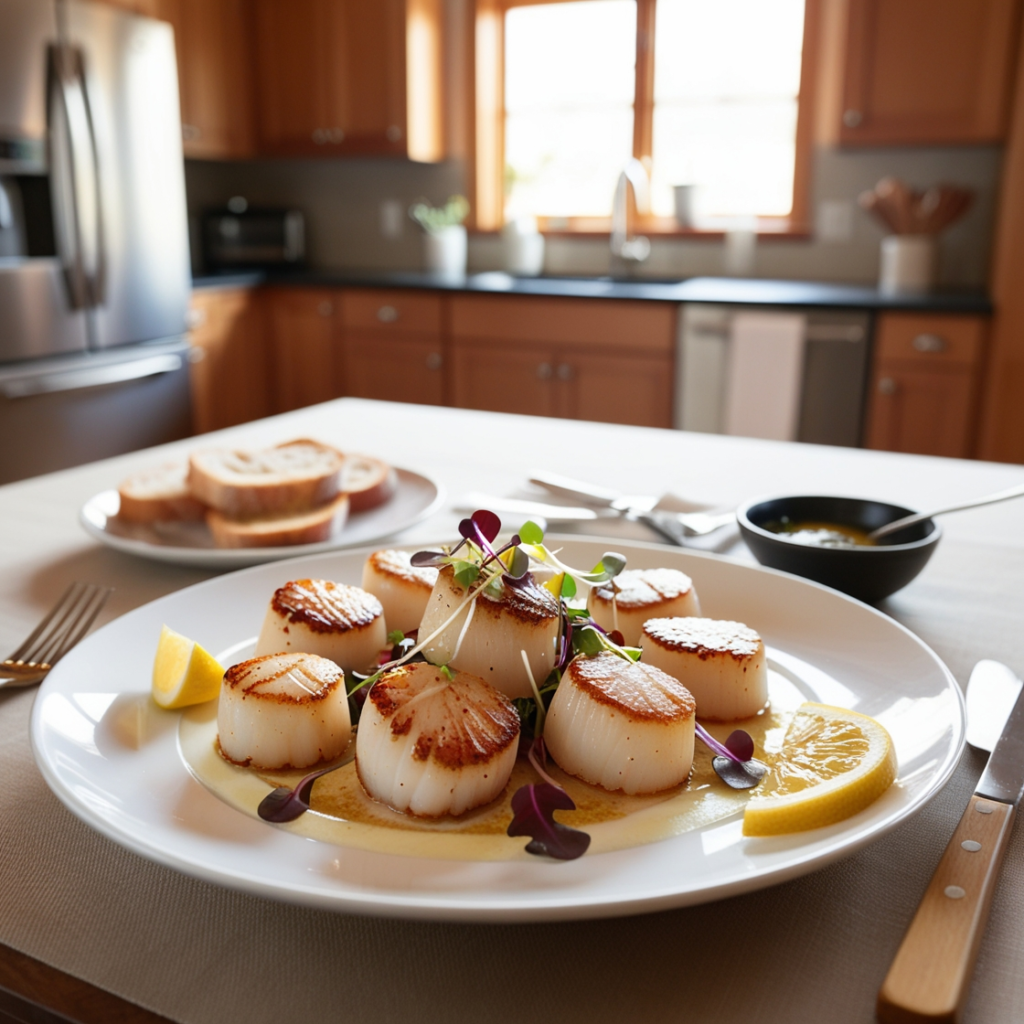 Golden brown seared scallops in a cast-iron skillet, garnished with fresh parsley.