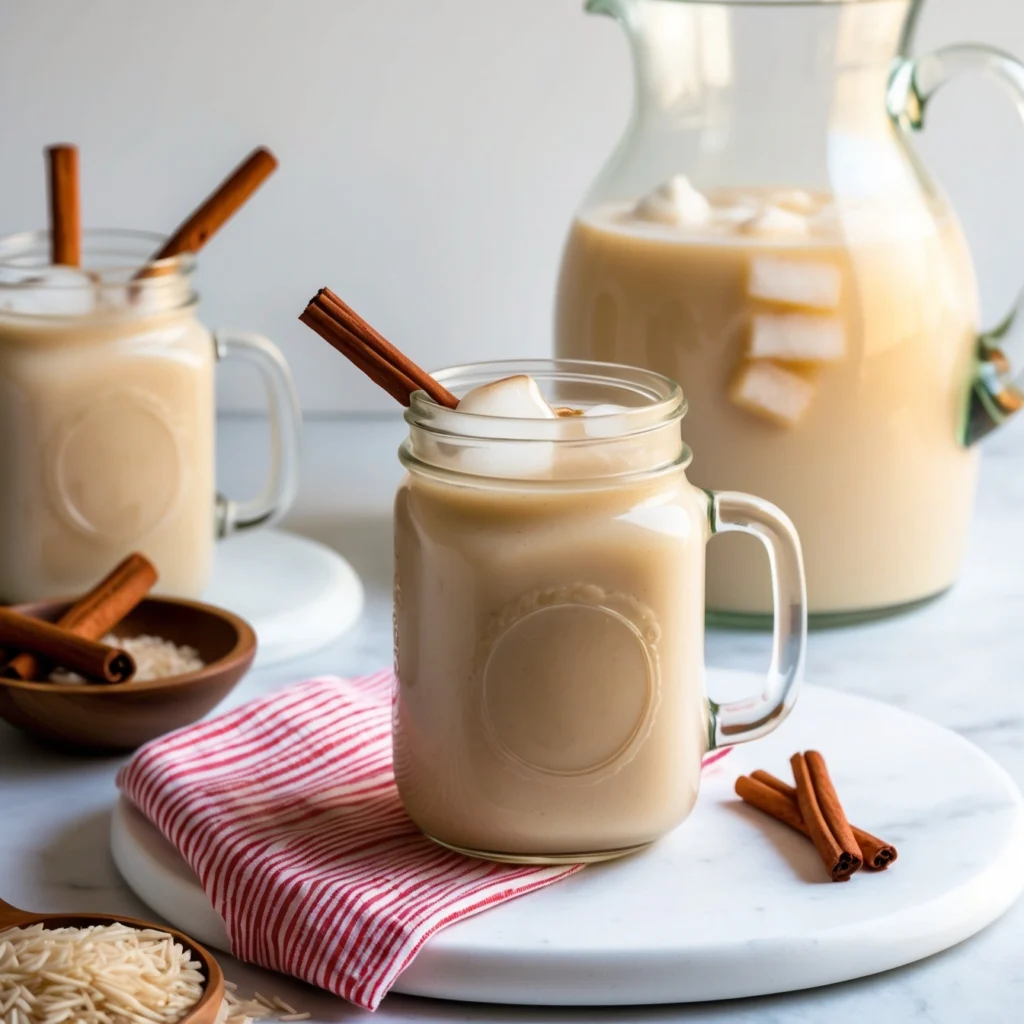 Horchata being poured into a glass, garnished with a cinnamon stick.