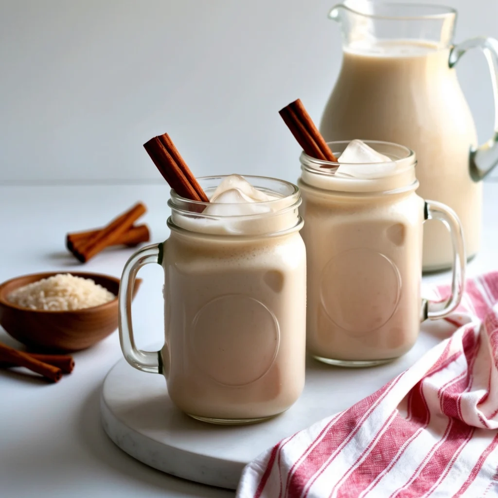 A glass of Horchata with cinnamon sticks, served over ice.