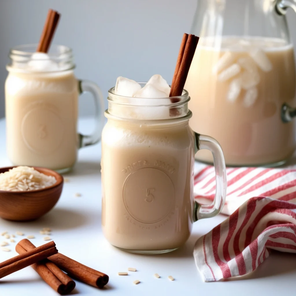 Close-up of Horchata in a tall glass, topped with cinnamon powder.