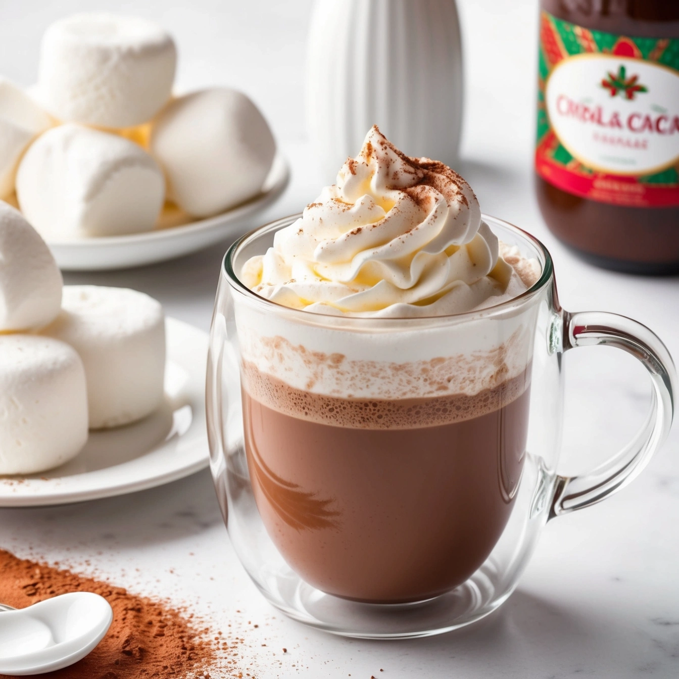 Warm and cozy boozy hot chocolate garnished with whipped cream and chocolate shavings.