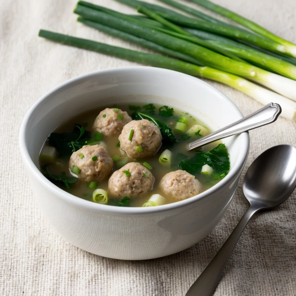 Lazy Wonton Soup served in a bowl with wontons and chopped green onions on top.