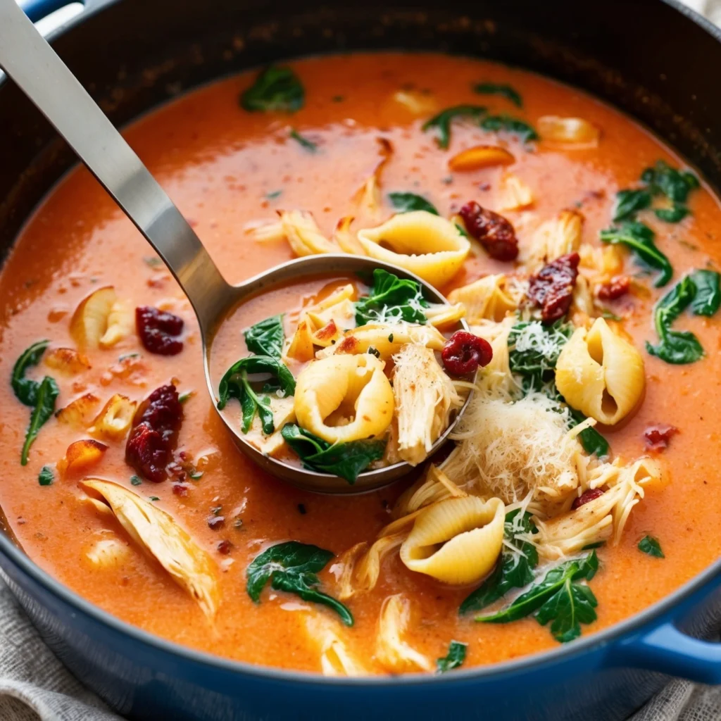 A serving of Marry Me Chicken Soup with a side of bread and fresh basil garnish.