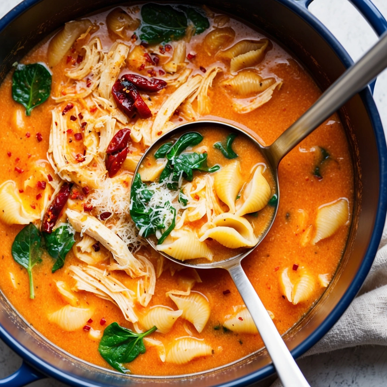 Close-up of Marry Me Chicken Soup in a white bowl with shredded chicken and sun-dried tomatoes.