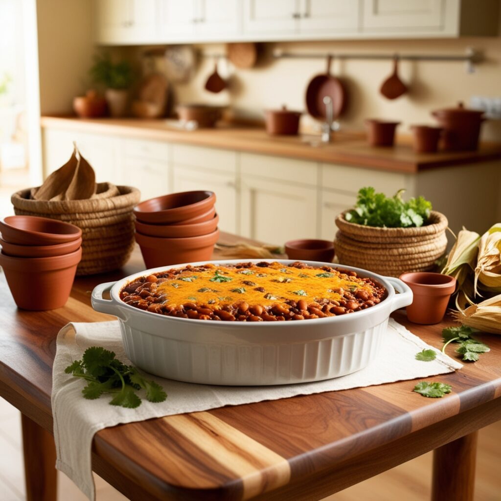 A close-up of a hearty serving of Mexican bean casserole on a plate, highlighting the rich textures of corned beef, beans, and creamy egg topping, garnished with fresh herbs.