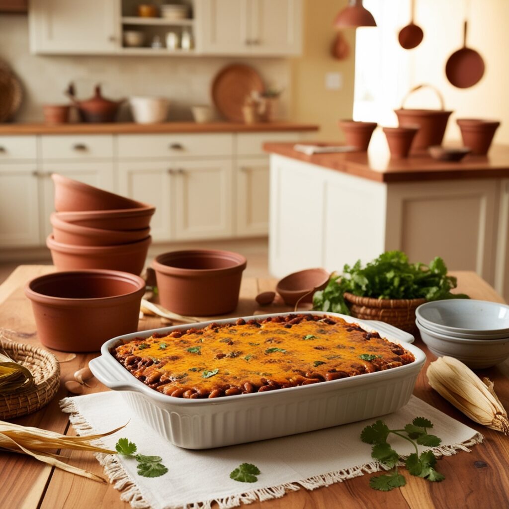 A bubbling Mexican bean casserole topped with a golden layer of egg mixture, showcasing colorful kidney beans, corn, and spices, served in a rustic baking dish.