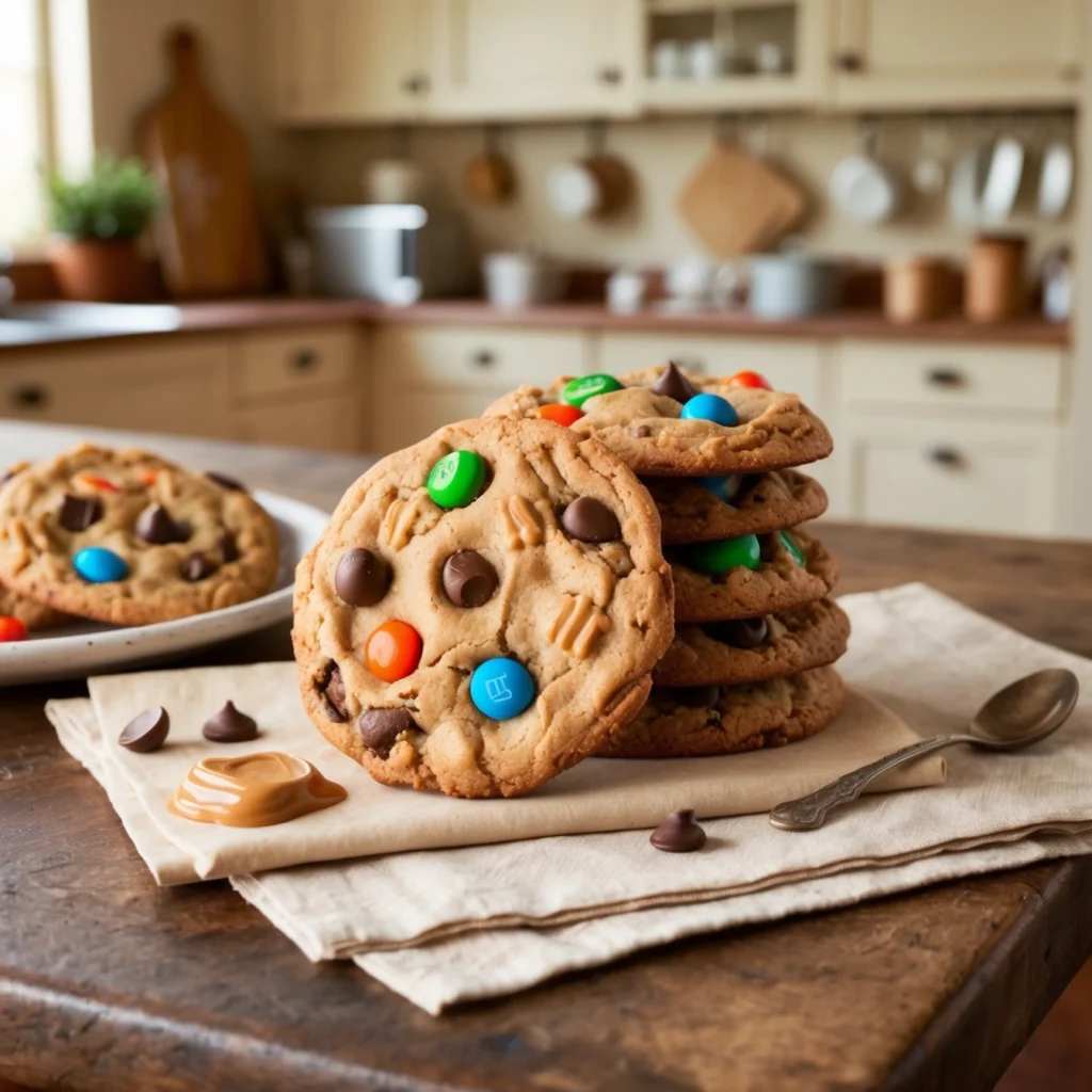 Freshly baked monster cookies with M&Ms and chocolate chips on a rustic plate.