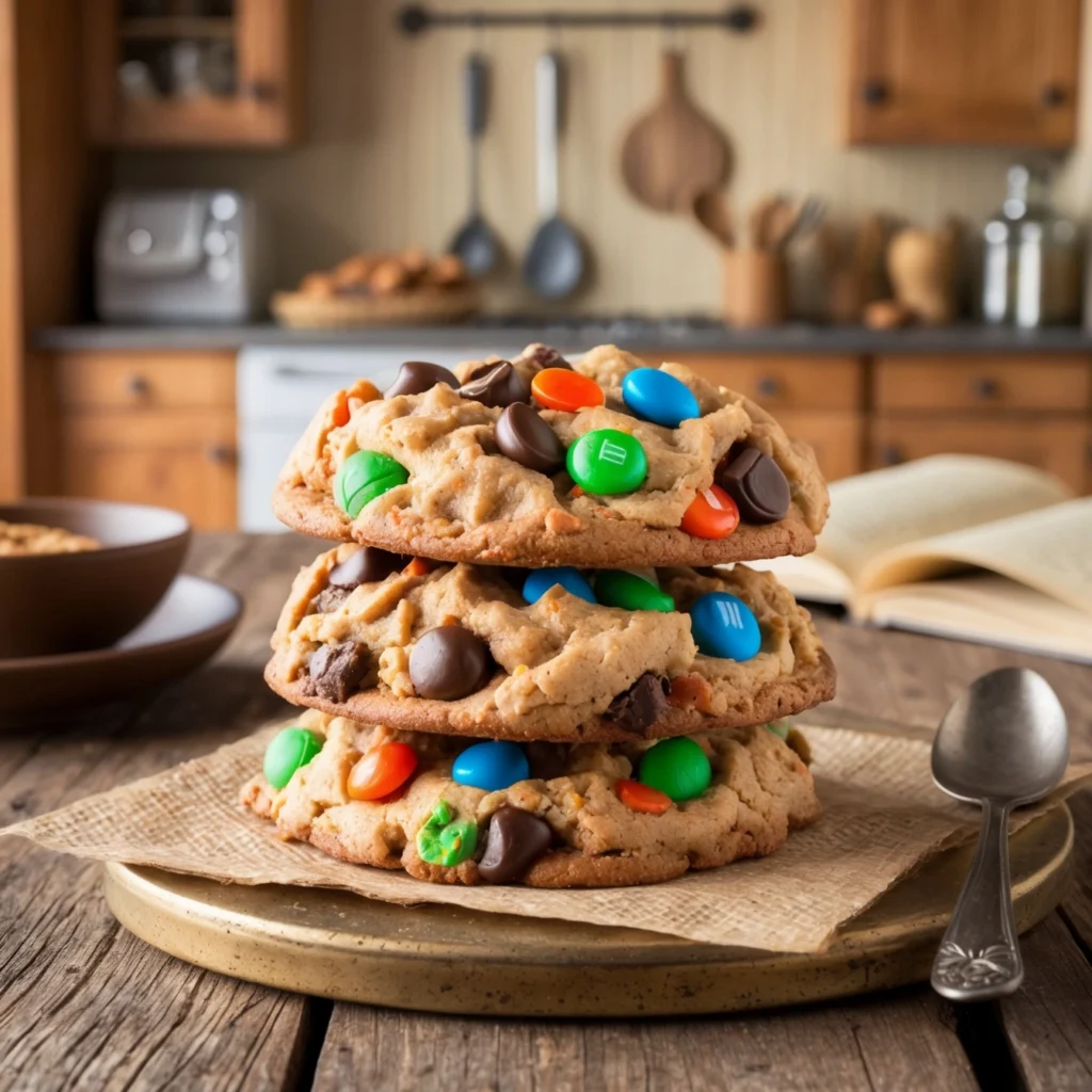 Stack of soft and chewy monster cookies with colorful M&Ms on a wooden surface.