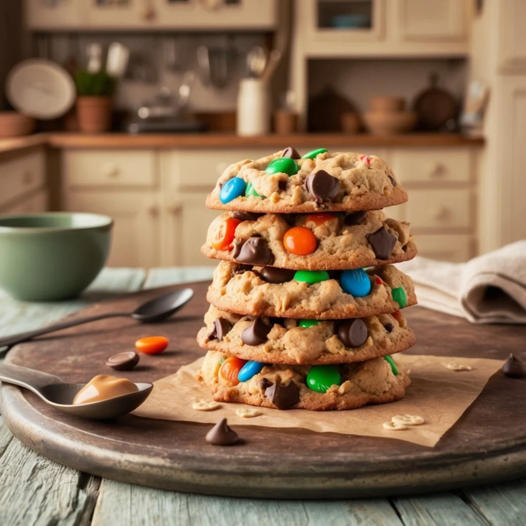 Close-up of chewy monster cookies filled with M&Ms and chocolate chips.