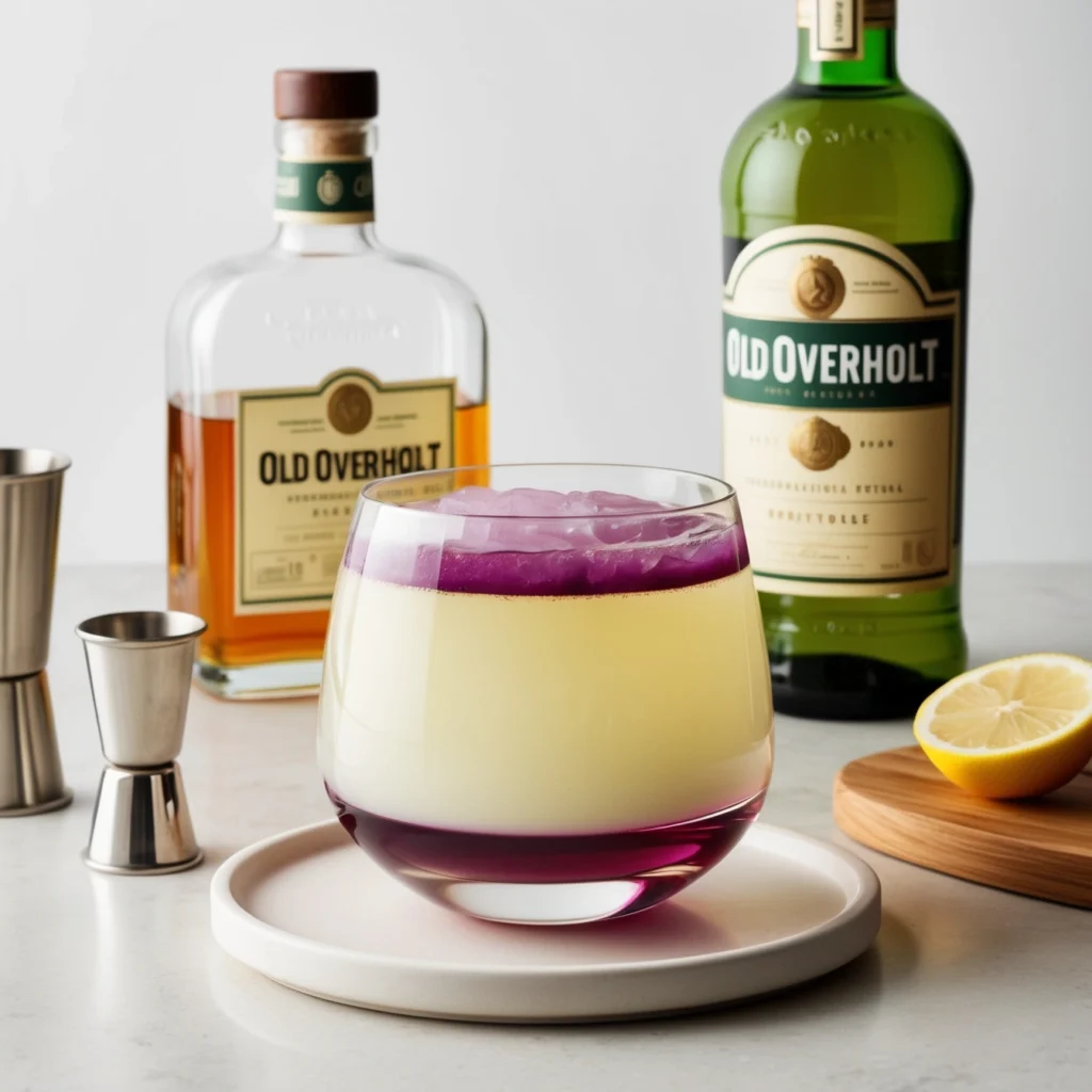 Layered New York Sour Cocktail with fresh lemon and a whiskey bottle in the background.

