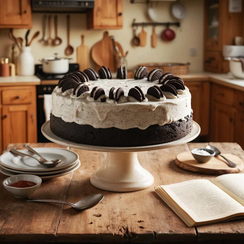 Whole Oreo cake topped with whipped cream and Oreo cookies, ready to serve.