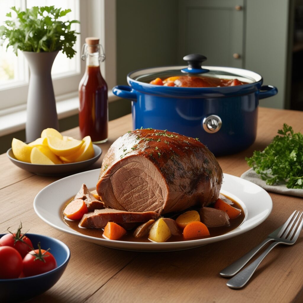 Classic pot roast with tender beef, carrots, and potatoes in a savory gravy.