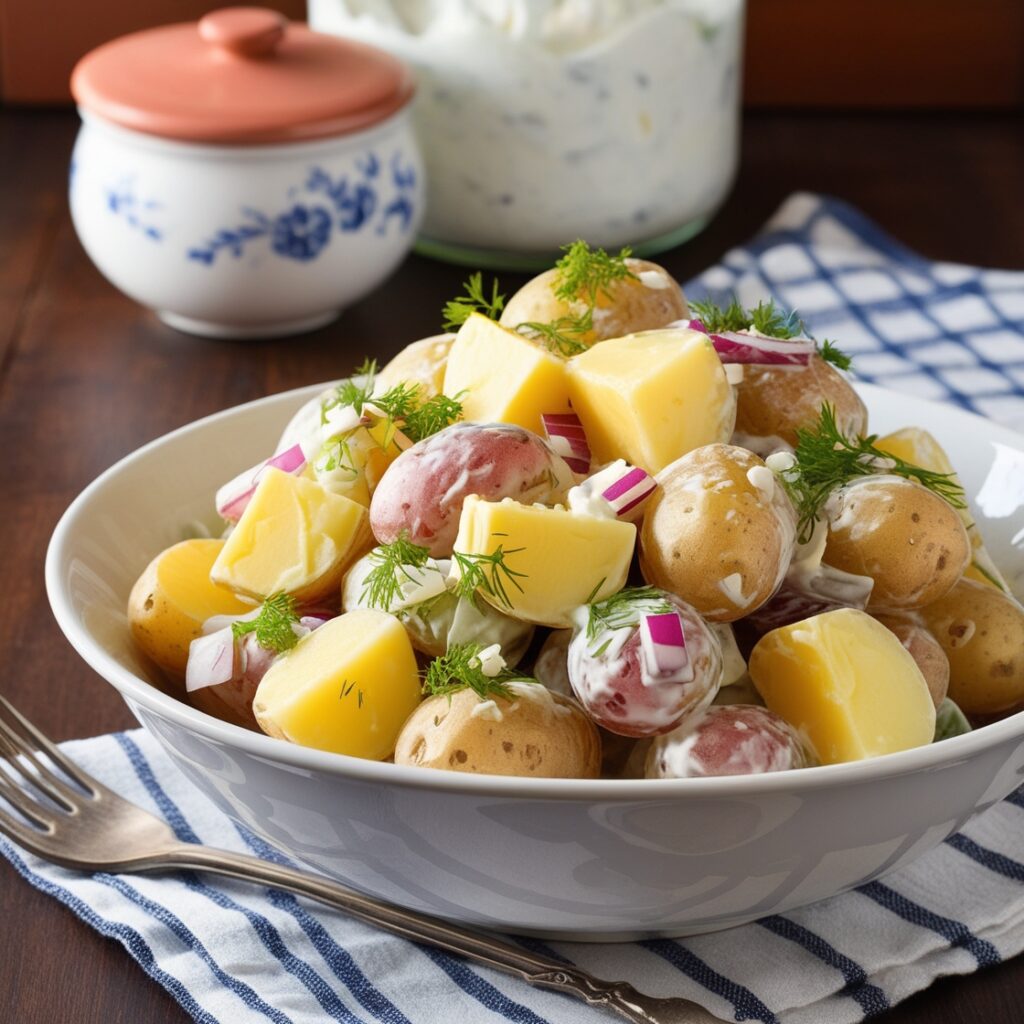 A close-up of freshly made German Potato Salad, highlighting the creamy texture of potatoes and the colorful chives mixed in, served in a rustic dish.