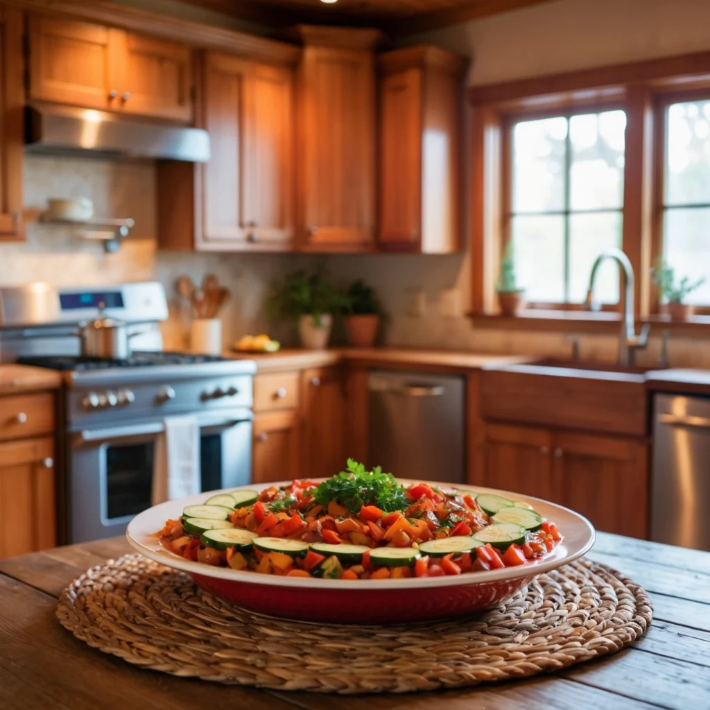 Baked ratatouille with caramelized vegetables arranged in a circular pattern.