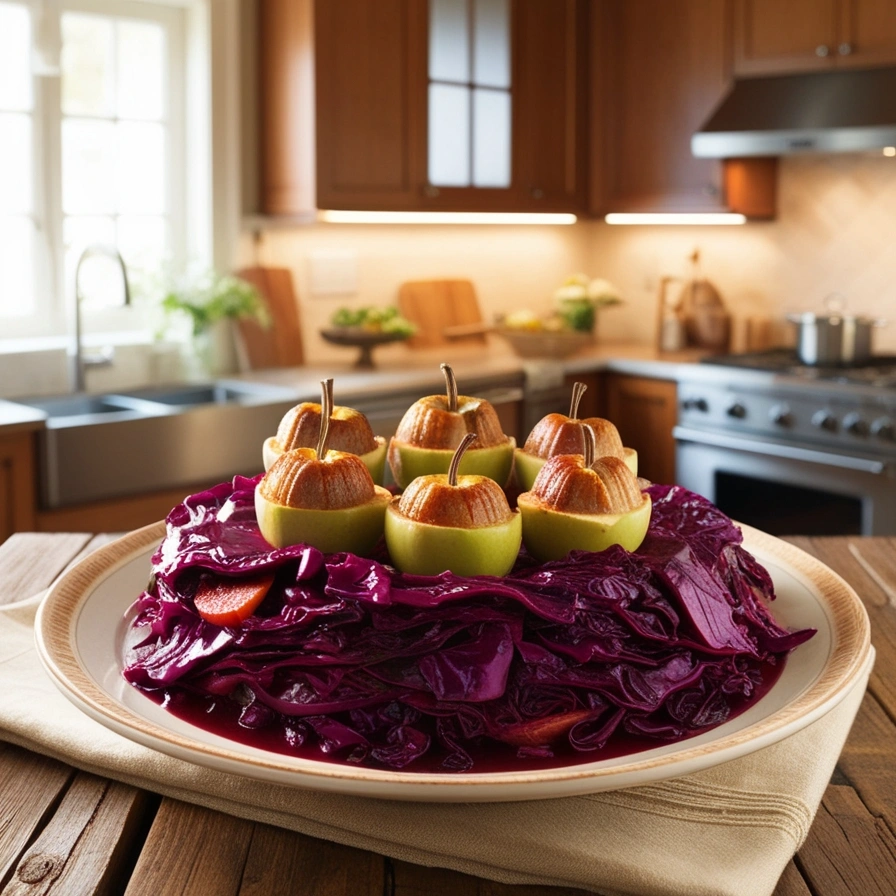 Stuffed apples filled with savory stuffing, served alongside braised red cabbage.