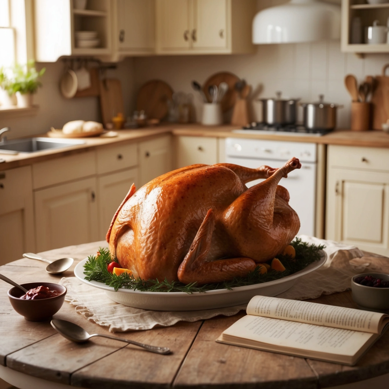 Classic roast turkey with golden skin, served with fresh herbs on a holiday table.