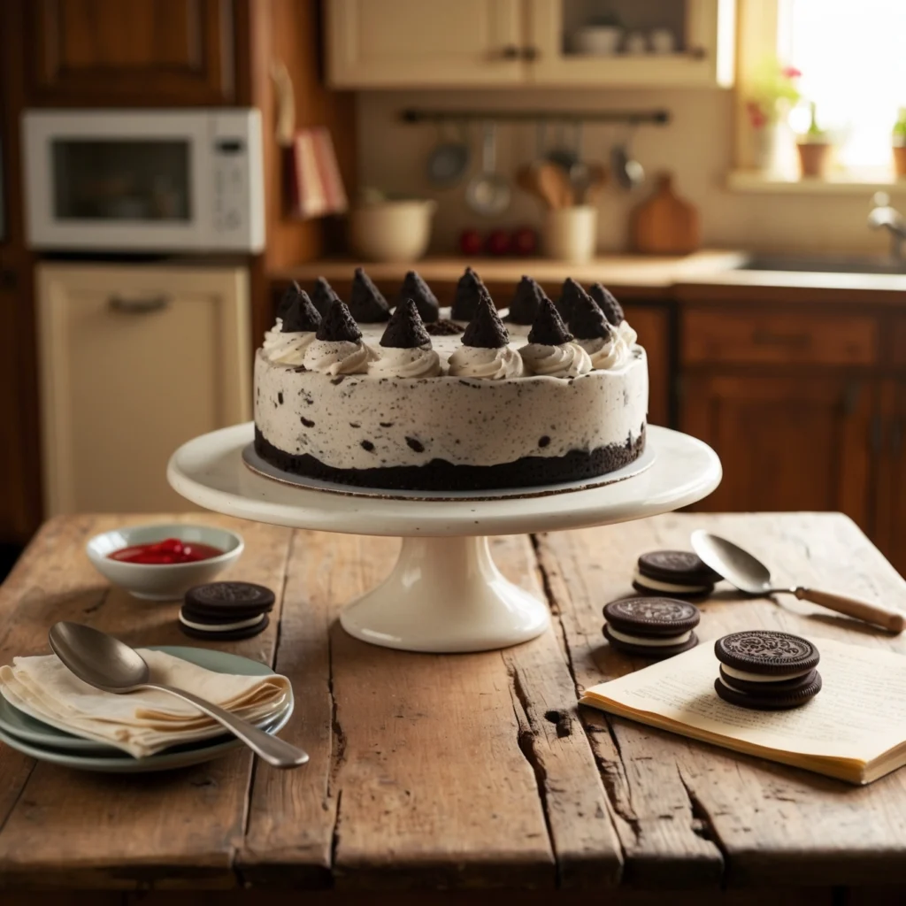 Close-up of Oreo cake layers with creamy Oreo frosting and chocolate ganache.