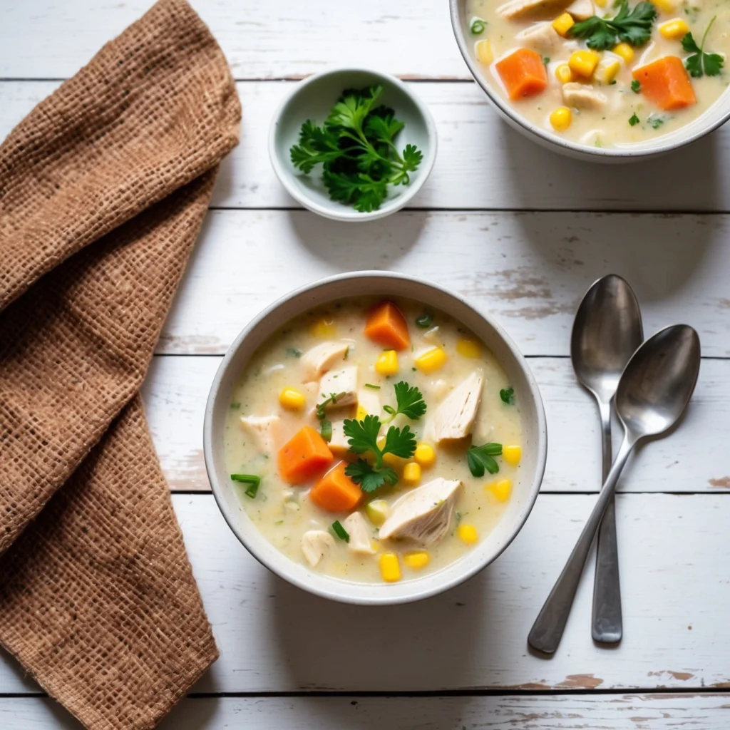 A bowl of creamy Turkey Corn Chowder garnished with crispy bacon and fresh herbs.