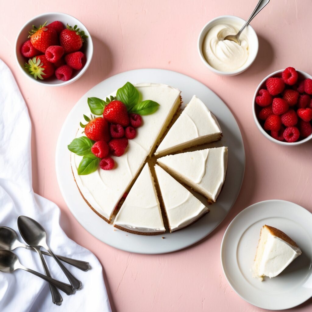 Vegan cheesecake topped with blueberries and strawberries, served on a white plate.