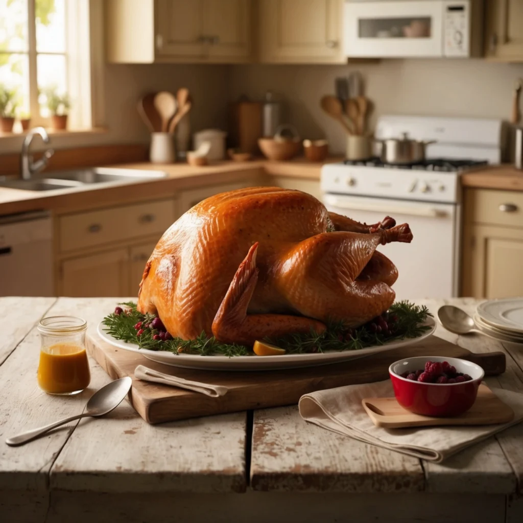 Close-up of a beautifully roasted turkey with crispy, golden-brown skin.