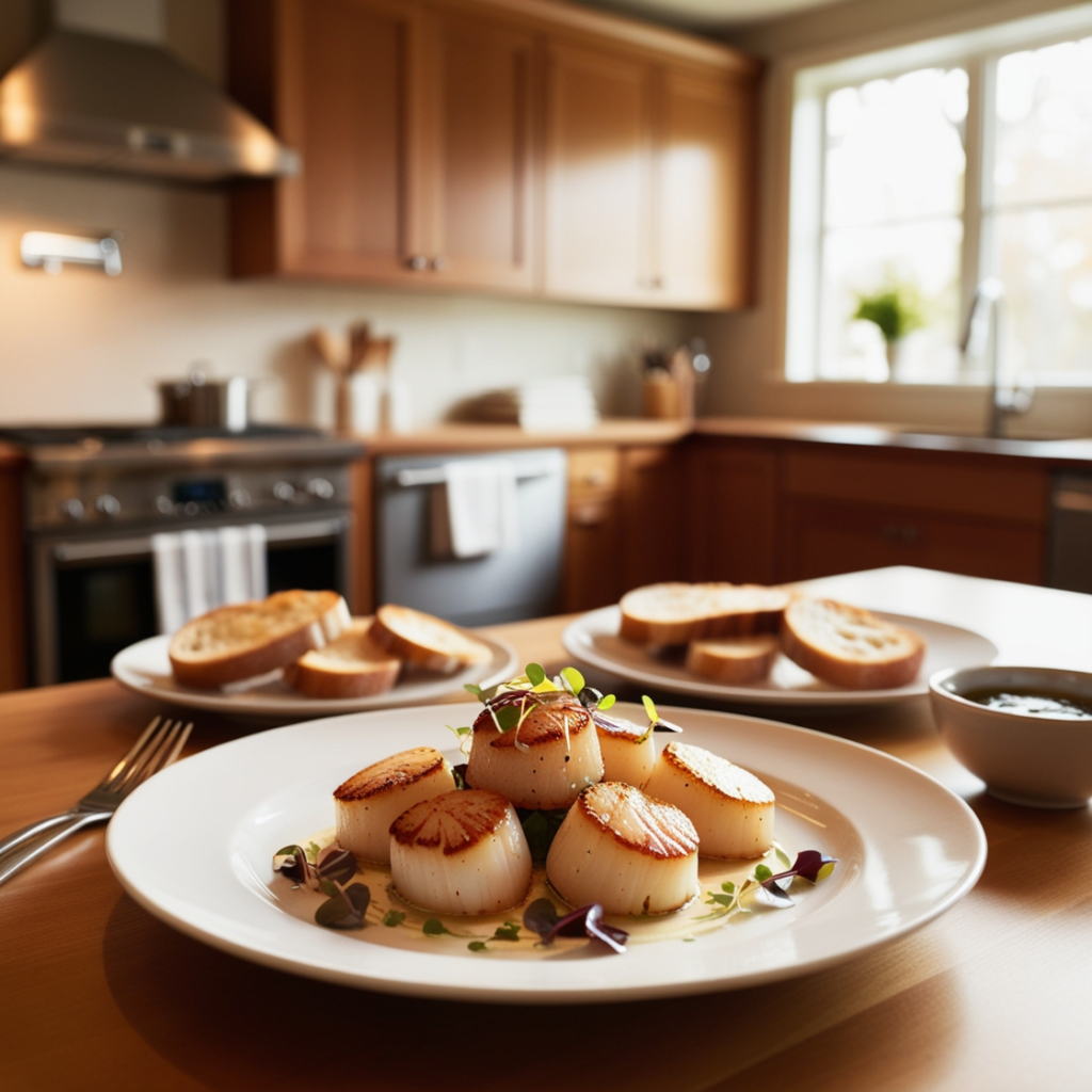 Perfectly seared scallops served with a lemon-butter sauce and a side of roasted vegetables.