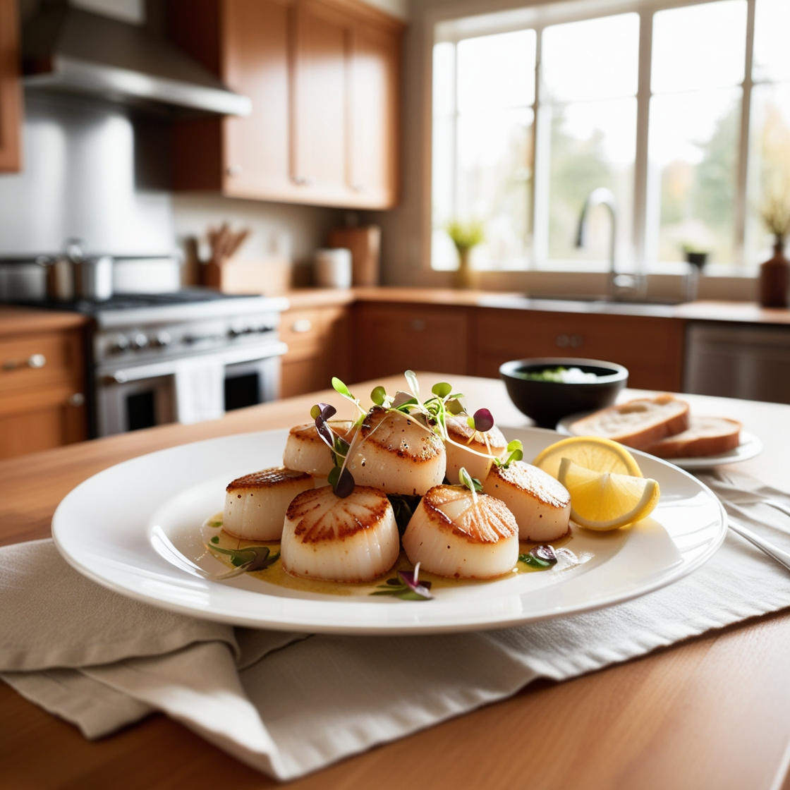 Close-up of seared scallops with a crispy golden crust, drizzled with lemon-butter sauce and garnished with thyme.