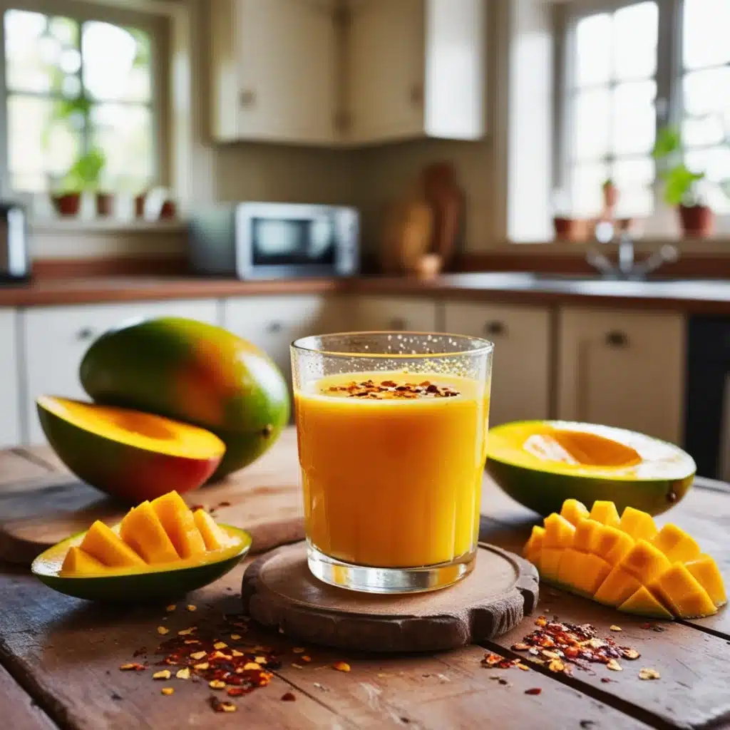 Glass of Spicy Fresh Mango Juice garnished with mint leaves and chili flakes, showcasing a refreshing tropical drink with a zesty kick.