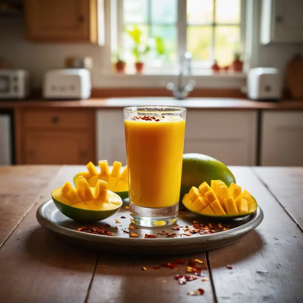 Blended Spicy Fresh Mango Juice served with fresh mango slices and a sprinkle of chili powder, perfect for summer refreshment.